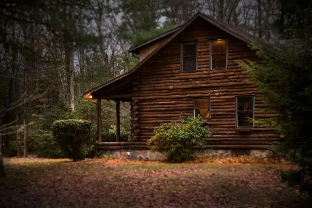 a photo of a cabin with fallen leaves covering a grassy yard