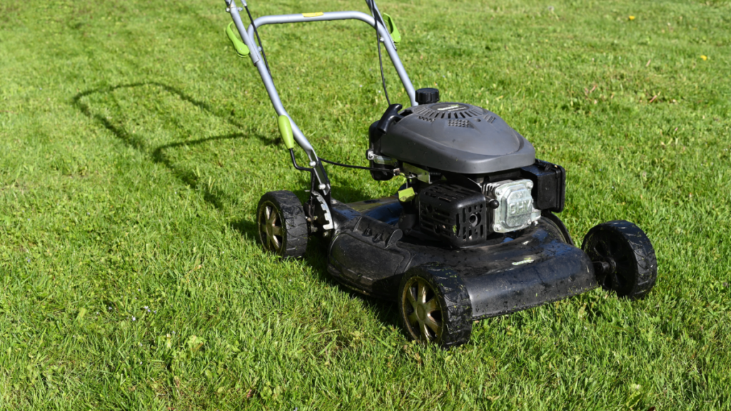 a photo of a lawn mower on a freshly mowed lawn
