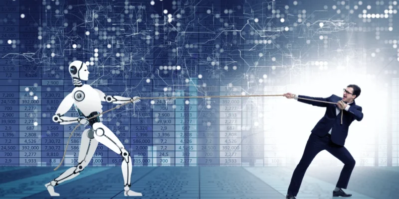 a photo of a human vs. a bot in tug-of-war. conceptually representing The Dead Internet Theory