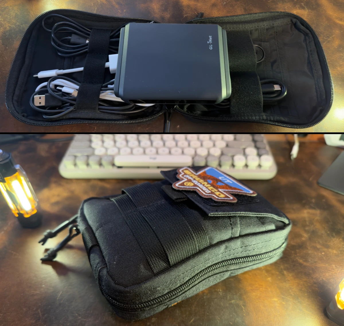 tech-gobag My tech gobag. A EXCELLENT ELITE SPANKER Molle Admin Pouch with assorted cables and the Slate 7 travel router.